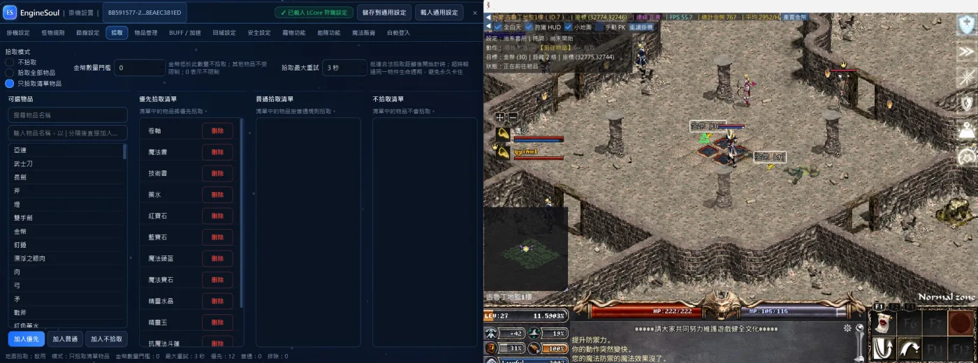 拾取設定畫面：左半邊是撿取清單與優先順序的設定面板，右半邊是天堂經典版的遊戲畫面。